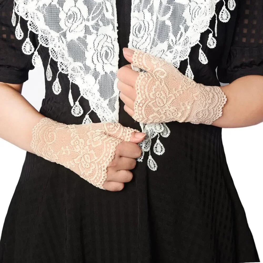 Women's 2 Pair Apricot Lace Fingerless Gloves Party Costume Accessories